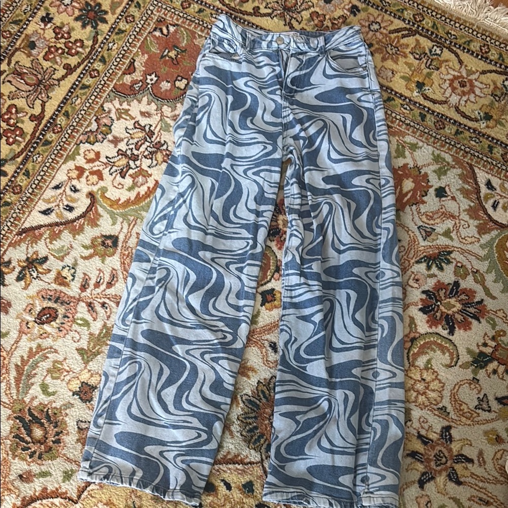 SO Blue Flare & Wide Leg Jeans with Artistic Swirl Pattern